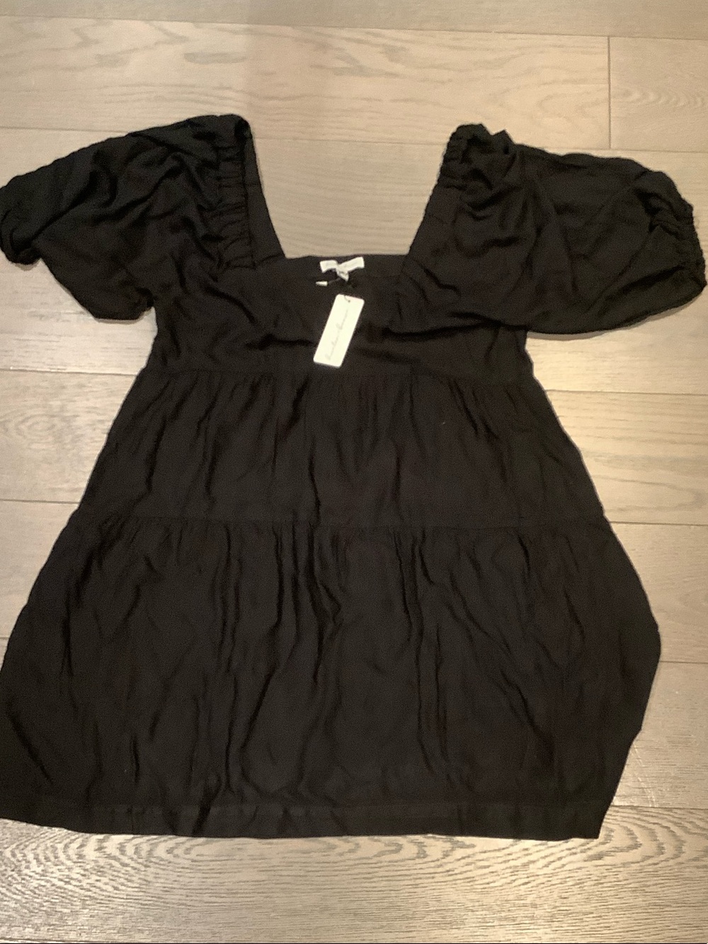 Black Puff-Sleeve Square-Neck Tunic Dress